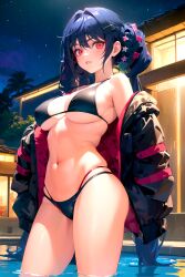 1girl 1girls abs ai_generated allen_m._sumner_(azur_lane) armpits azur_lane bare_shoulders belly belly_button big_breasts bikini blue_hair breasts contrapposto female female_focus female_only from_below girl hair_ornament jacket looking_at_viewer night night_sky polege pool red_eyes sideboob standing starry_sky thick_thighs thighs underboob undressing viewed_from_below