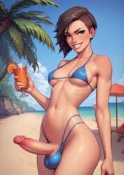 1futa ai_generated balls balls_in_panties beach bikini brown_hair bulge drinking_glass erect_penis erection fit_futanari futa_only futa_sans_pussy futanari huge_cock mysterrick seducing_viewer seductive_look seductive_smile solo testicles uncut