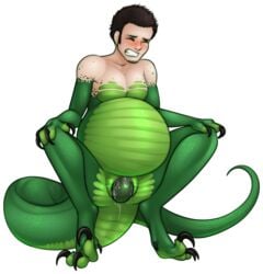 2019 alien anthro belly big_belly breasts cuntboy cuntboy_transformation dinosaur dromaeosaurid egg egg_laying gender_transformation green_scales hi_res human_to_anthro intersex lizard madamsquiggles male male_pregnancy male_with_breasts mid_transformation pregnant pregnant_cuntboy reptile scales scalie tail thenomeking theropod transformation