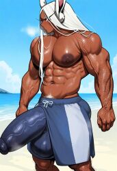 1boy abs ai_generated ambush_(trap) balls ballsack beach bulge dark-skinned_male dark_nipples dark_skin erection erection_under_clothes genderswap_(ftm) gloopai impossible_clothes large_bulge large_pecs large_pectorals male male_only miruko muscular muscular_arms muscular_legs muscular_male my_hero_academia nai_diffusion pecs pectorals penis penis_bulge pubic_hair rule_63 rumi_usagiyama solo solo_focus solo_male steam steaming_body sweat sweatdrop sweating testicles vein veins veiny veiny_arms veiny_muscles white_hair