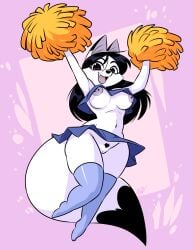 anthro awd awdtwit cave_cody cheering cheerleader cheerleader_outfit cheerleader_uniform clothing_lift excited flashing flashing_breasts flashing_pussy fox fox_ears furry heart_marking jasmine_(awdtwit) nipple_piercing pom_poms stockings