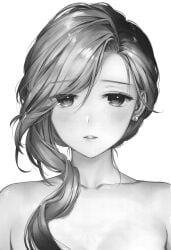 azur_lane bangs bare_shoulders blush breasts clavicle earrings female female_only greyscale hair_over_shoulder hood_(azur_lane) jewelry long_hair looking_at_viewer monochrome nanashi_(nlo) nipples nude parted_lips ponytail simple_background solo tied_hair upper_body white_background