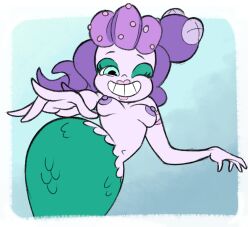 1girls breasts cala_maria cuphead_(game) dushon eyeshadow female female_only green_eyes light_purple_skin lipstick looking_at_viewer mermaid nipples nude_female smile solo solo_female voluptuous wide_hips winking_at_viewer