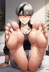 ai_generated barefoot dakeda_kaneshiro feet feet_focus female foot_fetish purple_eyes tattoo tomboy wind_breaker