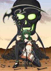 bad_id bad_pixiv_id black_horns black_legwear black_rock_shooter black_wings convenient_censoring dead_master deleted_in_source green_eyes green_hair high_heels horns julius_yu legwear medium_breasts revealing_clothes scythe skull wings