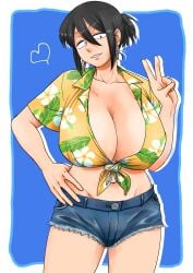 1girls 30th_video_rentals breasts female hawaiian_shirt huge_breasts indie_virtual_youtuber jean_shorts kataochi_chuuko ku_ma273 virtual_youtuber