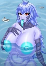 big_breasts blue_body blue_hair blue_skin blue_tongue boat breasts_bigger_than_head giantess gigantic_breasts godzilla godzilla_(series) kaiju kaiju_girl large_breasts long_tongue looking_at_viewer massive_breasts naked naked_female nude nude_female ocean red_eyes rule_63 rule_63 voluptuous voluptuous_female