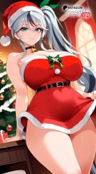 1girls ai_generated azur_lane bare_shoulders black_choker black_hair blue_eyes boosterred99 choker christmas christmas_clothing christmas_outfit christmas_tree dress earrings female large_breasts long_hair multicolored_hair one_ponytail pony_diffusion_xl ponytail red_dress santa_costume seductive_look seductive_smile strapless thüringen_(azur_lane) thighs thueringen two_tone_hair voluptuous white_hair white_thong wide_hips