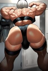 ai_generated ass backsack balls ballsack biceps body_hair bulge flexing flexing_bicep from_behind futanari gloopai hairy hairy_arms hairy_legs huge_ass locker_room muscular muscular_arms muscular_ass muscular_back muscular_futanari muscular_thighs nai_diffusion nier:_automata penis penis_under_clothes solo_futa steam steaming_body sweat sweatdrop sweating testicles thighhighs underwear white_hair yorha_2b