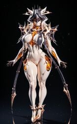 ai_generated big_breasts black_background digital_drawing_(artwork) ember_(warframe) high_heels orange_eyes orange_nipples orange_pussy orange_skin ornament poncedart realistic realistic_textures simple_background smile smiling warframe warframe_(species) white_body