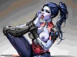 ai_generated barefoot breasts breasts_out feet foot_fetish foot_focus foot_lick foot_worship gigatsu grabbing_feet overwatch overwatch_2 purple_body purple_skin saliva saliva_trail self_lick sole_female soles toes tongue tongue_out widowmaker