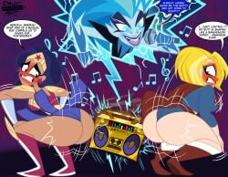 3girls ass ass_shake big_ass black_hair blonde_hair blush body_control bouncing_ass bubble_butt clothing dc dc_comics dc_super_hero_girls dialogue embarrassed fat_ass female female_only forced_to_twerk gold_boombox_(prevence) huge_ass large_ass livewire malevolentsamsonnsfw microphone motion_lines png supergirl superhero superhero_costume superheroine text thick_ass thick_thighs twerk_hypnosis twerking wide_hips wonder_woman