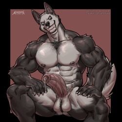 2024 amon-sydonai anthro balls bodily_fluids canid canine canis creepypasta demon domestic_dog genital_fluids genitals hi_res husky male male_only mammal muscular muscular_anthro muscular_male nipples nordic_sled_dog patreon penis precum precum_string smile.dog spitz vein veiny_penis