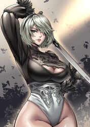 1girls big_breasts blue_eyes breasts clothing female female_only hairband katana leotard light-skinned_female light_skin looking_at_viewer nier nier:_automata short_hair solo sword thick thotlerrr treartz white_hair yorha_2b