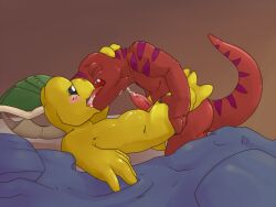 2boys anal argon_vile bedding bedroom_sex blush bodily_fluids dinosaur dromaeosaurid duo gay gay_sex genital_fluids genitals james_campbell kissing kissing_while_penetrating koopa koopa_troopa lying male male/male mario_(series) nintendo on_back penis precum prehistoric_species reptile scalie shell-less theropod velociraptor