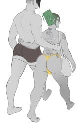 arm_around_another arm_around_partner arm_behind_back bandage barefoot beachwear clothed green_hair mali6 marijuana_blunt no_sex sunglasses swimwear tattoo tattoos vincent_(mali6) walking walking_away