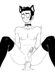 black_and_white cat_ears catboy choker cum cum_dripping_from_penis dildo dildo_in_ass erection femboy genitals glasses history male_only max_stirner philosophy rotor sex_toy sex_toy_in_ass stockings thighhighs tied_hands tied_up twink