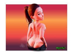 1girls 3d 3d_(artwork) black_pants brown_eyebrows brown_eyes brown_hair butt_crack caucasian_female elastigirl glitch02 gradient_background helen_parr looking_at_viewer milf orange_background pink_shirt pixar purple_background red_background the_incredibles thick_ass white_background white_woman