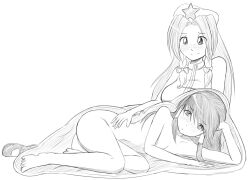 2girls blush chinese_clothes clothed embarrassed embarrassed_nude_female embracing f/f female_only hong_meiling inside_view lying lying_on_side no_color nude oral_vore post-vore reimu_hakurei sketch smile starcrossing stomach touhou vore vore_belly x-ray