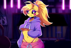 ai_generated belly belly_button blonde_hair blush boobs breasts chica_(fnaf) crop_top feathers female five_nights_at_freddy's five_nights_at_freddy's_2 fnaf g-string glowing_eyes mascara navel oc panties pink_shorts ponytail slumbertime_toy_chica sweatpants sweatshirt thong tits toy_chica_(fnaf) underboob