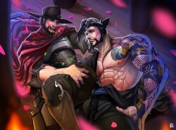 activision bara beard big_bulge blizzard_entertainment blush braito brown_hair bulge clothing cole_cassidy cowboy_hat daddy gay hanzo hanzo_shimada male male/male male_nipples male_only manly mature_male muscular_male nipples overwatch overwatch_2