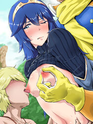 2boys bangs blonde_hair blue_eyes blue_hair blush breast_grab breasts captain_falcon f-zero female fire_emblem fire_emblem_awakening grabbing licking lucina_(fire_emblem) multiple_boys nintendo nipple_tweak nipples princess shulk_(xenoblade) super_smash_bros. sweat tears teston_(user_hjza8274) xenoblade_(series) xenoblade_chronicles