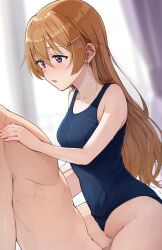 1boy absurdres blue_one-piece_swimsuit blurry blurry_background blush breasts brown_hair censored clothing_aside commentary_request completely_nude cowgirl_position female hair_ornament hands_on_another's_chest highres konoe_kanata long_hair looking_at_another love_live! love_live!_nijigasaki_high_school_idol_club medium_breasts mosaic_censoring nude one-piece_swimsuit open_mouth purple_eyes sex swimsuit swimsuit_aside tata_(tataice) wet