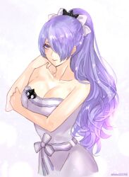 1girls alternate_costume alternate_hairstyle bare_shoulders breasts camilla_(fire_emblem) camilla_(hostile_springs)_(fire_emblem) camilla_(hot_springs)_(fire_emblem) cleavage closed_mouth female female_only fire_emblem fire_emblem_fates fire_emblem_heroes hair_over_one_eye hair_ribbon helen_(helen2210hk) highres large_breasts long_hair naked_towel nintendo official_alternate_costume official_alternate_hairstyle ponytail purple_eyes purple_hair ribbon solo towel twitter_username very_long_hair white_ribbon