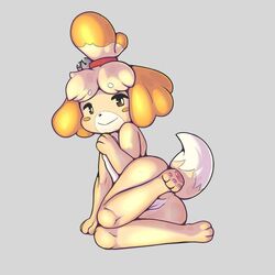 :> animal_crossing animal_ears arm_support barefoot bell blonde_hair blush_stickers brown_eyes canid canine closed_mouth dog_ears dog_girl dog_tail eyebrows_visible_through_hair female flat_chest full_body fur furry furry_only grey_background hair_bell hair_ornament hair_tie hand_up happy isabelle_(animal_crossing) jingle_bell knees_together_feet_apart leg_up looking_to_the_side lying naked nintendo no_humans nude on_side pawpads paws pussy short_hair simple_background solo suenbroe tail tied_hair topknot uncensored