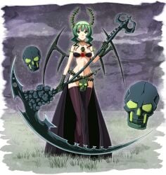 1girls bad_id bad_pixiv_id black_bra black_rock_shooter black_wings bra dead_master deleted_in_source female female_only green_eyes green_hair horns julius_yu legwear medium_breasts medium_hair revealing_clothes scythe skull wings