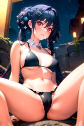 1girls abs ai_generated allen_m._sumner_(azur_lane) azur_lane belly belly_button bikini bikini_bottom bikini_top blue_hair breasts camel_toe cameltoe female female female_focus female_only from_below hair_ornament long_hair looking_at_viewer night night_sky open_legs polege pose pussy red_eyes resting sideboob sitting starry_sky string_bikini surprised thick_thighs thighs twintails underboob viewed_from_below