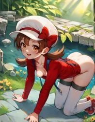 ai_generated all_fours ass ass_crack blush bottomless brown_hair bubble_butt cabbie_hat collarbone erect_nipples exposed_ass exposed_breasts feet_together flowers front_view front_view_butt grass knees_together legs_together looking_at_viewer low_twintails lyra_(pokemon) overalls partially_clothed plants pokemon pokemon_hgss red_bow red_shirt red_shoes seductive_pose side_view small_ass smile stone_floor sunlight thighhighs water