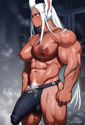 abs ai_generated balls ballsack big_breasts breasts bulge dark-skinned_futanari dark_nipples dark_skin erection erection_under_clothes futa_only futanari gloopai large_bulge large_pecs large_pectorals miruko muscular muscular_arms muscular_breast muscular_futanari muscular_legs my_hero_academia nai_diffusion pectorals penis penis_bulge pubic_hair rumi_usagiyama solo solo_focus solo_futa steam steaming_body sweat sweatdrop sweating testicles vein veins veiny veiny_arms veiny_muscles white_hair