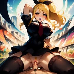 ai_generated arms_behind_head cosplay dress dress_lift fairy_tail garter large_breasts lipstick lucy_heartfilia orgasm payop penis_in_pussy pony_diffusion_xl stockings straddling thigh_highs uncensored vaginal_penetration vaginal_sex