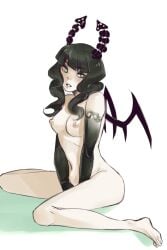 1girls black_hair black_horns black_rock_shooter black_wings completely_nude completely_nude_female dead_master female female_only green_eyes horns medium_breasts medium_hair naked naked_female nipples nude nude_female pale-skinned_female pale_skin solo solo_female white_background wings yatayo