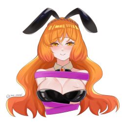 1girls big_breasts blush bowtie bunny_ears bunnysuit corset freckles ginger ishmael_(limbus_company) limbus_company long_hair orange_hair project_moon stripes very_long_hair