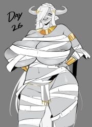 1girls big_breasts cow_horns huge_breasts leche_(ushiji) mummy mummy_costume mummy_wrappings thick_thighs ushiji