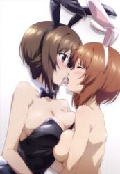 ai_generated blush breast_press brown_eyes brown_hair bunny_costume bunny_ears bunny_girl closed_eyes girls_und_panzer incest kissing naked nishizumi_maho nishizumi_miho sisters tongue_out yuri