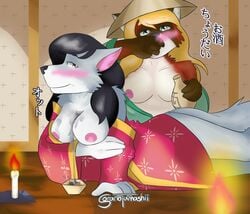 alcohol beverage candle canid canine canis clothing dim_room drunk japanese_clothing japanese_text mammal raccoon_dog sake soranotamashii tanuki text traditional_costume wolf yukata