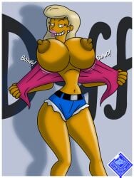 breasts exposed_breasts exposing_breasts exposing_chest female nipples sharkzym the_simpsons titania_(the_simpsons)