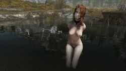 1girls 3d arms_behind_back cloth_gag collar completely_nude completely_nude_female gag gagged kneeling m7seven mod nude nude_female orange_hair skyrim