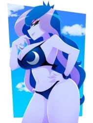 2022 belly bikini bikini_bottom bikini_top blue_bikini blue_bra blue_hair blue_panties blue_skin bra breasts_bigger_than_head curvaceous curvy equestria_girls female half-closed_eyes hand_on_hip hasbro huge_breasts human large_breasts long_hair looking_at_viewer navel panties solo thick_thighs twitter twitter_link two-piece_swimsuit two_piece_swimsuit two_tone_hair vice_principal vice_principal_luna xan-gelx(xan)