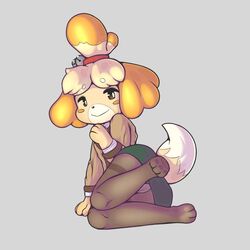 :> animal_crossing animal_ears arm_support bell black_legwear blonde_hair blush_stickers brown_eyes brown_jacket closed_mouth dog_ears dog_girl dog_tail eyebrows_visible_through_hair female flat_chest full_body furry green_skirt grey_background hair_bell hair_ornament hair_tie hand_up happy isabelle_(animal_crossing) jacket jingle_bell knees_together_feet_apart leg_up long_sleeves looking_to_the_side lying miniskirt nintendo no_humans no_panties on_side pantyhose pawpads paws pencil_skirt pussy see-through shirt short_hair simple_background skirt solo suenbroe tail thighband_pantyhose tied_hair topknot uncensored upskirt white_shirt