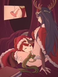 2girls anna_(fire_emblem) bellfonts christmas cunnilingus female female_only fire_emblem fire_emblem_awakening multiple_girls santa_hat tharja_(fire_emblem) yuri