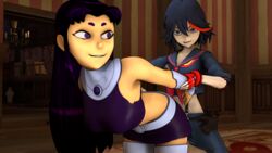 2girls 3d alien alien_girl alien_look_like_human bent_over black_hair blackfire blue_eyes crossover dc dc_comics eastern_and_western_character female female_only kill_la_kill komand'r light-skinned_female light_skin looking_back matoi_ryuuko multiple_girls penetration purple_eyes strap-on tan-skinned_female tan_skin teen_titans yuri