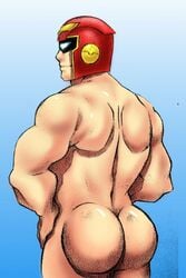 1boy ass back back_muscles back_view bara big_ass big_butt blue_background bubble_ass bubble_butt captain_falcon dat_ass f-zero from_behind glowing_eyes gradient_background hand_on_hip helmet huge_ass huge_butt human human_only light-skinned_male light_skin looking_at_viewer looking_back male male_only muscle muscles muscular muscular_male naughty_face nintendo nude nude_male presenting_hindquarters simple_background smile smirk solo solo_focus solo_male suggestive super_smash_bros.