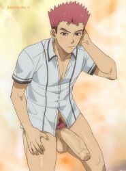 ass baka_to_test_to_shoukanjuu bottomless burankoprn cock dick foreskin gay male male_focus male_only penis red_hair sakamoto_yuji school_uniform solo_focus unbuttoned_shirt