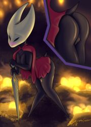 arthropod black_scales breasts cape cloak clothed clothing featureless_breasts female hi_res hollow_knight hornet hornet_(hollow_knight) hymenopteran insects nude partially_clothed pussy red_cape scales scaliepunk solo wasp