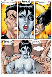 1girls 2boys big_cocks black_hair blank_eyes blue_eyes breasts clenched_teeth covered_in_cum cum cum_on_body cum_on_face cum_on_penis_head cum_on_tits dialogue domino_(marvel) female frank_castle hand_on_penis holding_penis leandro_comics logan_(x-men) male marvel marvel_comics massive_cum mmf_threesome neena_thurman punisher screaming_in_pleasure threesome warehouse white_skin wolverine_(x-men) x-men