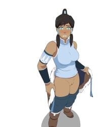 1girls aqua_eyes avatar_legends bare_shoulders blush breasts brown-skinned_female brown_hair brown_skin dark-skinned_female dark_skin embarrassed exposed exposed_pussy female four_elements_trainer human korra large_breasts looking_at_viewer medium_hair mity nervous pants pants_down ponytail presenting presenting_pussy pussy shaved_pussy showing_pussy shy simple_background solo straight_hair teeth the_avatar the_legend_of_korra thighs tied_hair undressing water_tribe white_background wide_hips